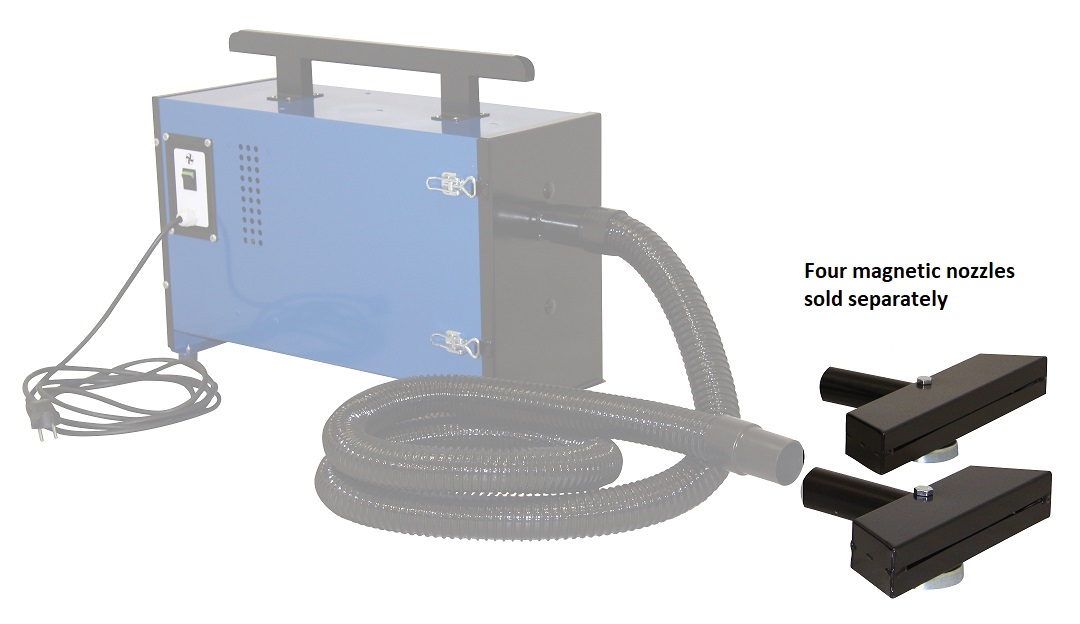 Product shot of the Plymoth Porta-Flex portable fume extractor, with the extraction unit and hose faded highlighting the 2 nozzles. Words say 